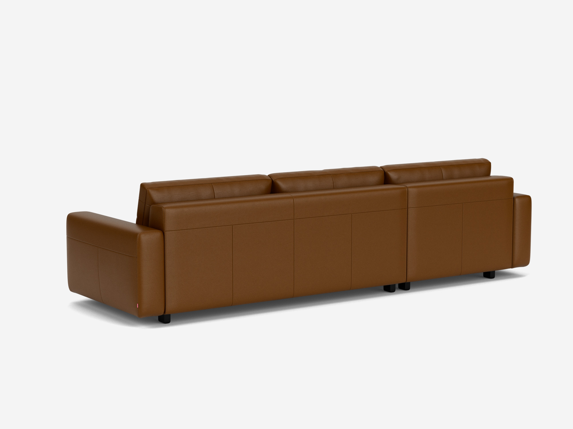 Back view of the brown leather Reva modern sectional with left hand facing chaise